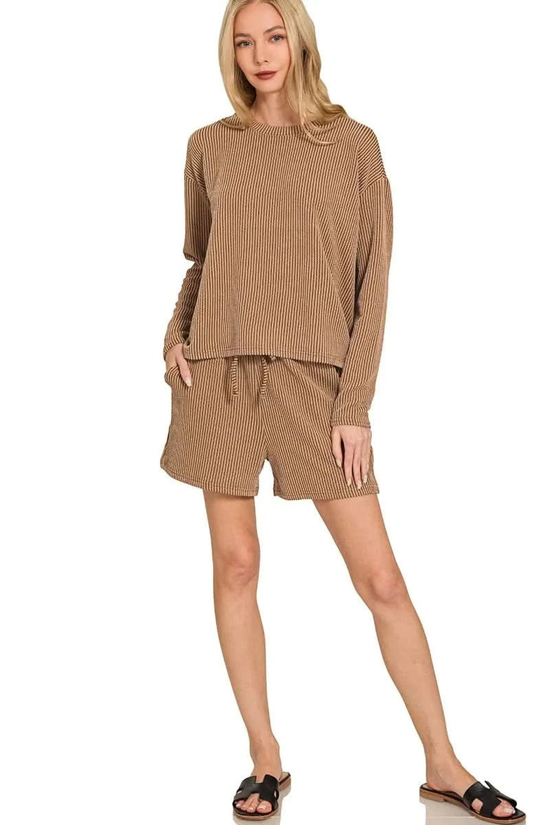 Zenana Corded Rib Long Sleeve Tee and Shorts Set - SwagglyLife Home & Fashion